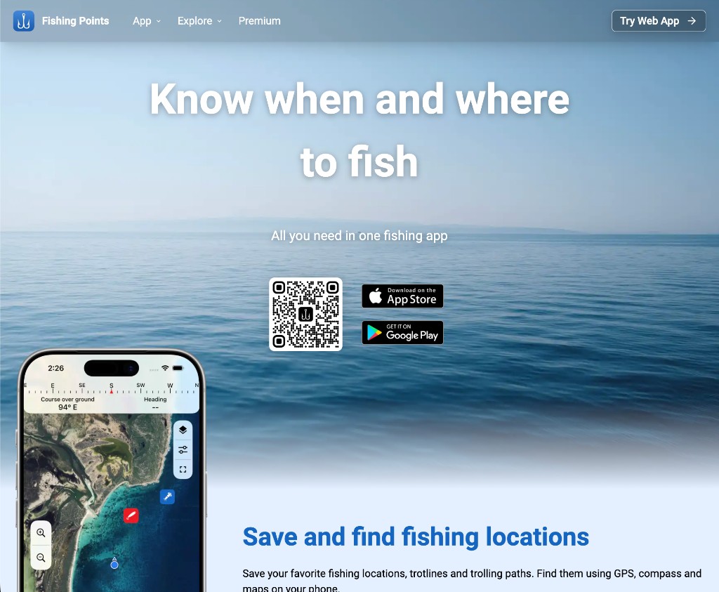 Fishing Points landing page with map and mobile app preview