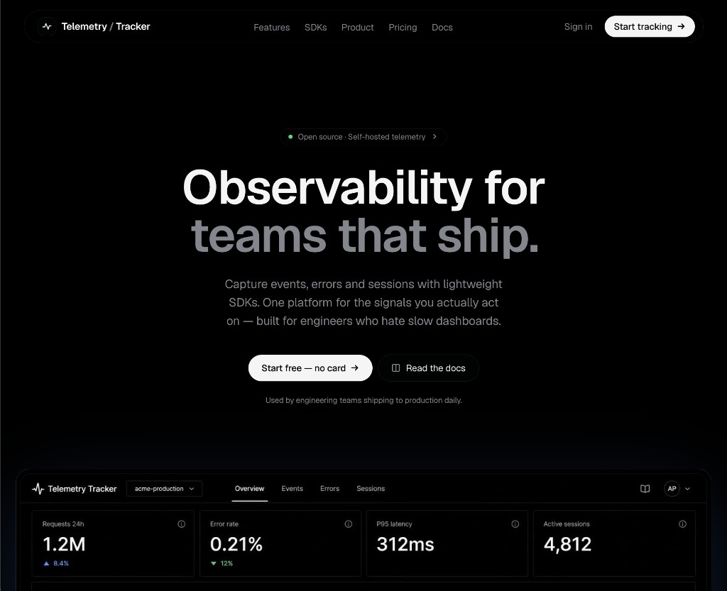 Telemetry Tracker observability platform homepage
